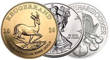 Goldmünzen, Silbermünzen, Platinmünzen kaufen Krügerrand, American Eagle, Wiener Philharmoniker